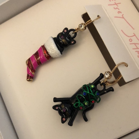 Betsey Johnson Black Cat In Stocking & Cat Tangled In Lights Drop Earrings NIB - Picture 7 of 13